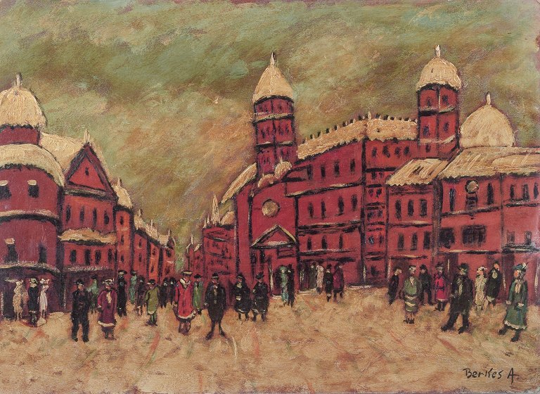 Unknown European artist.
Oil on cardboard.
Snow-covered cityscape with people in the foreground.