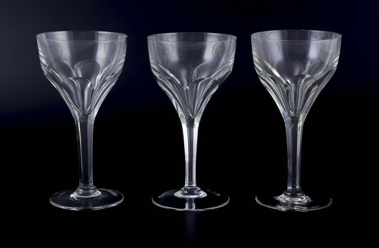 Glimma, Sweden. Three red wine glasses in crystal, faceted bowl and stem.