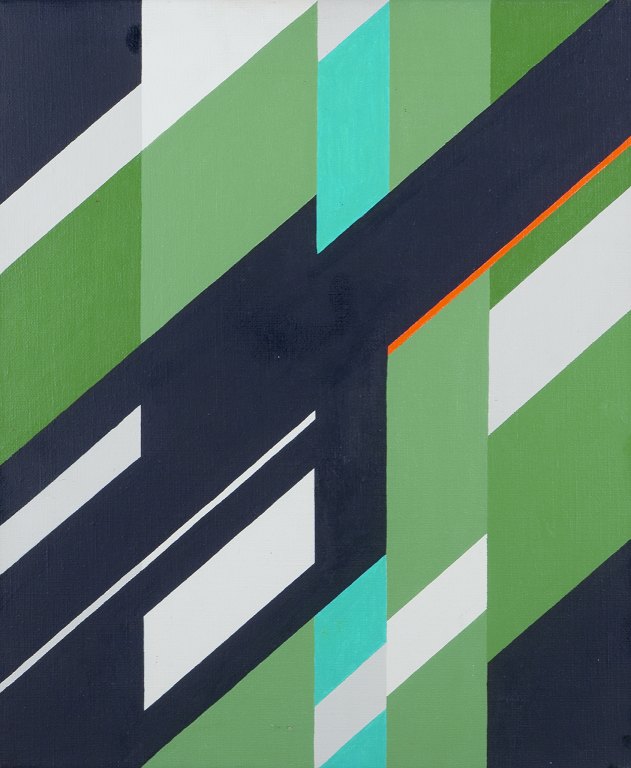 Wilhelm Lindvall (1924-2005), svensk kunstner. 
Olie på lærred.
Geometrisk komposition.