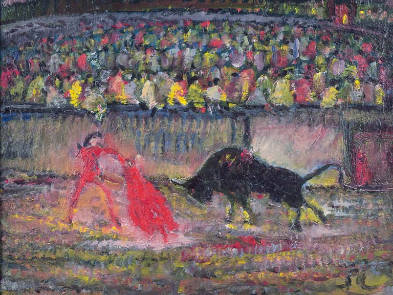 Unknown European artist, oil on canvas.Motif of matador in bullfight arena. Abstract style.