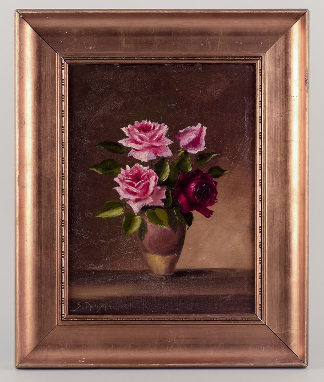 Dansk maler.Olie på træ.Roser i vase.