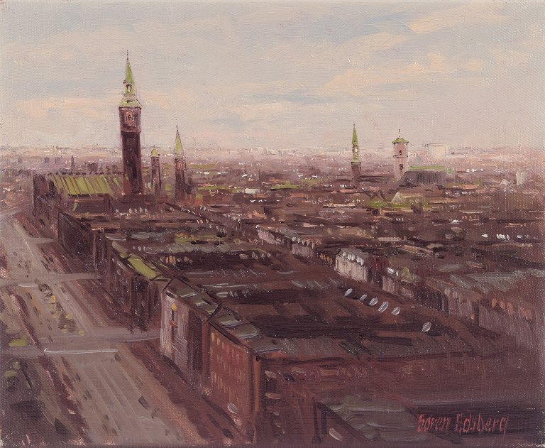 Søren Edsberg, Danish artist. 
Oil on canvas.
Cityscape of Copenhagen seen from above.