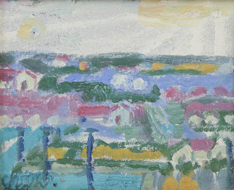 Leo Thellefsen (1909 - 1997), oil on board. 
Modernist landscape.