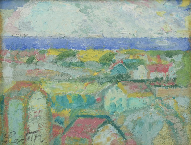 Leo Thellefsen (1909 - 1997), oil on board. 
Modernist landscape.