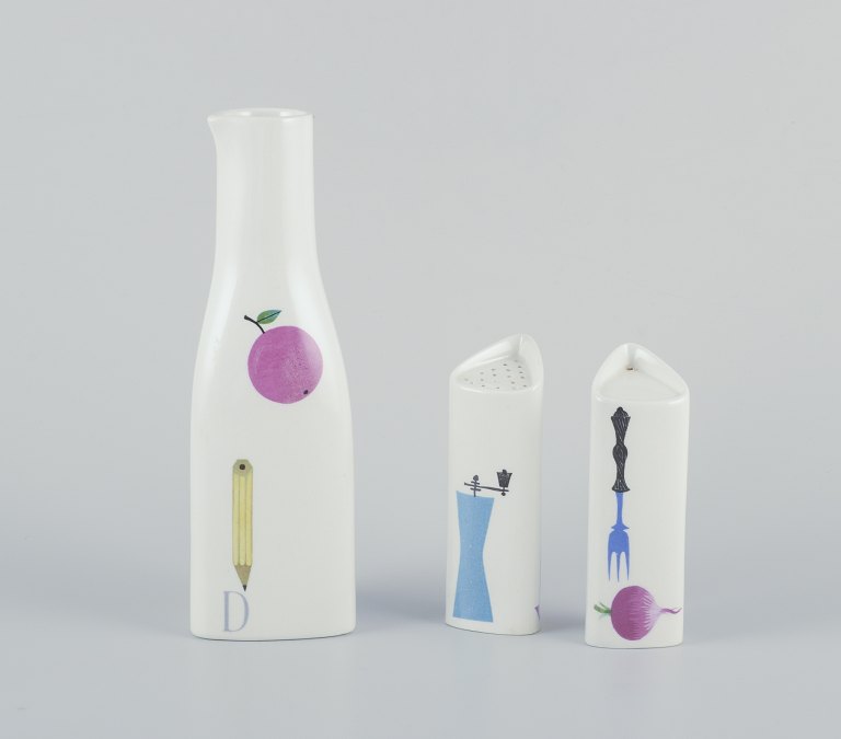 Stig Lindberg for Gustavsberg.‘Pynta’ salt and pepper set and a jug in faience.