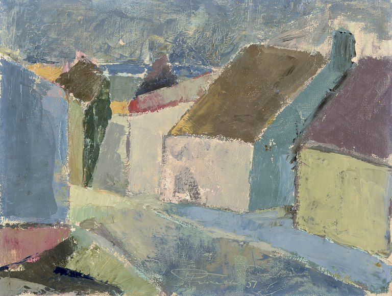 Pierre Forssell (1925-2004), svensk designer og kunstmaler.
Olie på lærred.
Modernistisk landskab med huse.