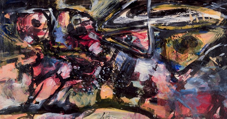 Knud Nielsen, dansk kunstmaler.
Olie på karton.
Abstrakt komposition.