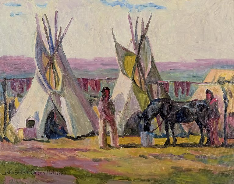John Emanuel Carlson (født 16. juli 1896 i Överselö, død 31. marts 1979 i 
Sundbyberg), svensk kunstmaler. 
Olie på plade.
Motiv af lejr med indfødte. Pine Ridge Reservation – USA.