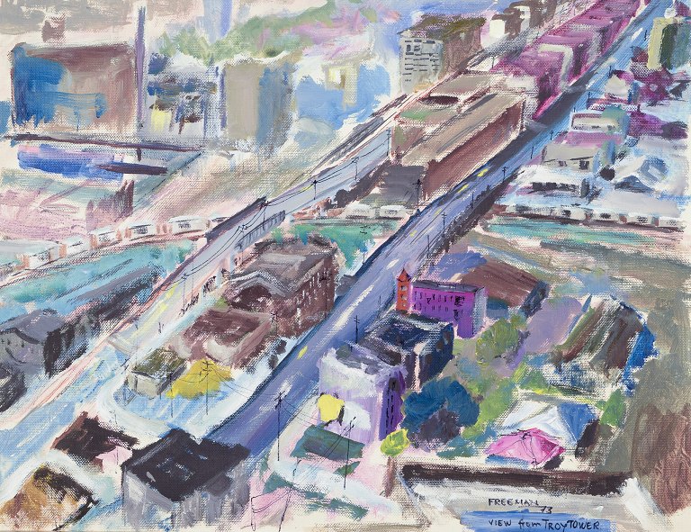 Staffan Freeman, svensk kunstmaler. 
Olie på plade.
”View from Troy Tower”