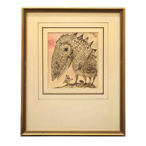 Carl-Henning Pedersen, 1913-2007, mixed media, akvarel og blæk. Figur 
komposition signeret og dateret 1947. Lysmål: 16x14cm. Med ramme: 33x26cm