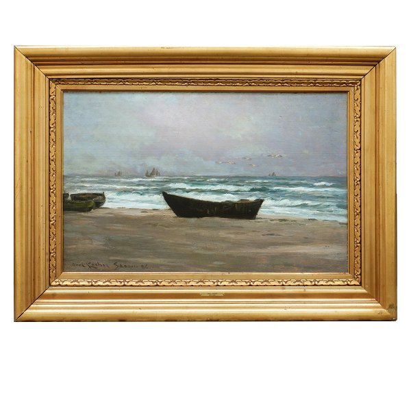 Carl Locher, 1851-1915, oil on wood. Storm at Skagen beach 1886. Signed and 
dated. Visible size: 47x75cm. With frame: 71x99cm