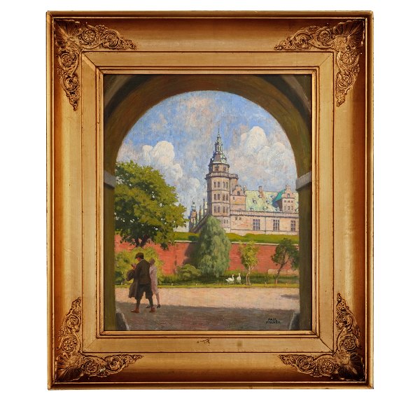 Paul Fischer maleri. Paul Fischer, 1860-1934, olie på plade. Parti fra Kronborg 
med svaner og par. Signeret Paul Fischer. Lysmål: 38x31cm. Med ramme: 55x48cm