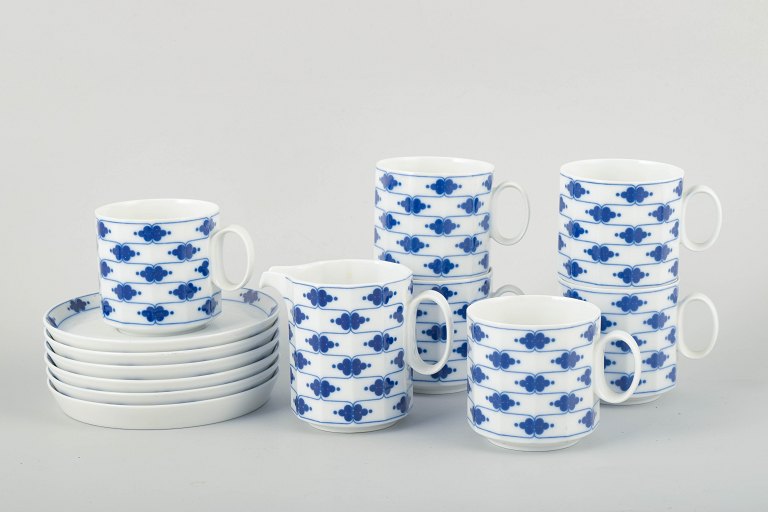 Rosenthal Studio-linie, six pairs of coffee cups with saucers and a cream jug, Corinth Blue pattern, design by Tapio Wirkkala.