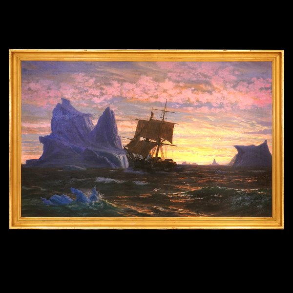 Jens Erik Carl Rasmussen, 1841-93, Öl auf Leinen. Partie mit einem Schiff vor Grünland. Signiert und datiert 1872. Lichtmasse: 98x156cm. Mit Rahmen: 112x170cm