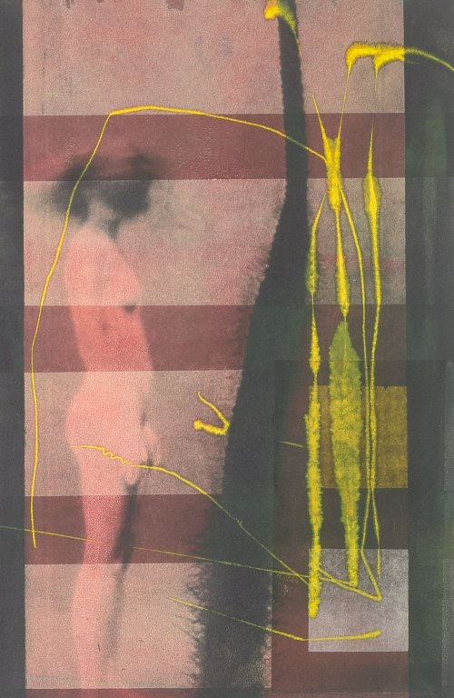 Juan Cano
Composition with nude figure and yellow lines.
Color lithograph, signed and numbered, circa 1980s.