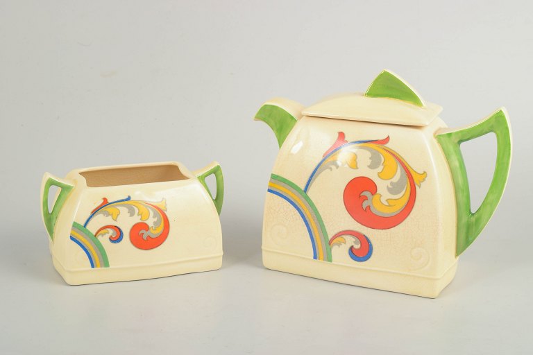Clarice Cliff for Royal Doulton, tekande og sukkerskål.