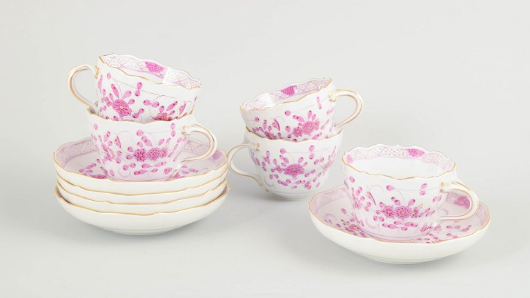 Meissen, "Pink Indian" set of five large coffee cups with matching saucers.