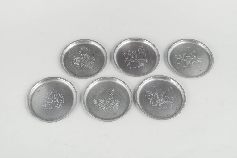 Just Andersen, set of six coasters in pewter with Copenhagen motifs.