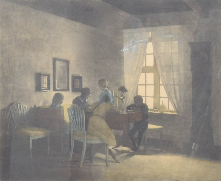 Peter Ilsted, farve mezzotinte, “Regnvejrsdag”, dansk kunstner.