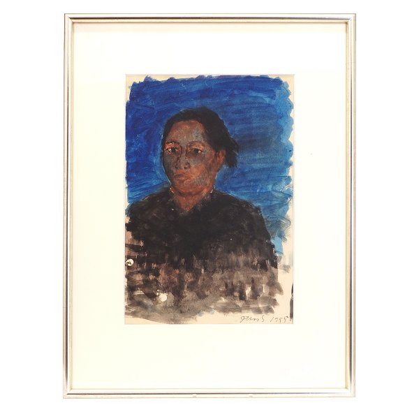 Jens Søndergaard portræt. Jens Søndergaard, 1895-1957, akvarel. Portræt af kvinde signeret og dateret 1955. Lysmål:45x30cm. Med ramme: 69x52cm