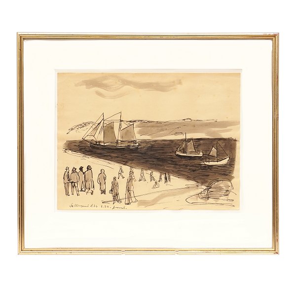 Jens Søndergaard, 1895-1957, tuschtegning af mennesker ved vand med skibe. Signeret og dateret "Sallingsund d. 26.6.39". Lysmål: 25x34cm. Med ramme: 41x49cm