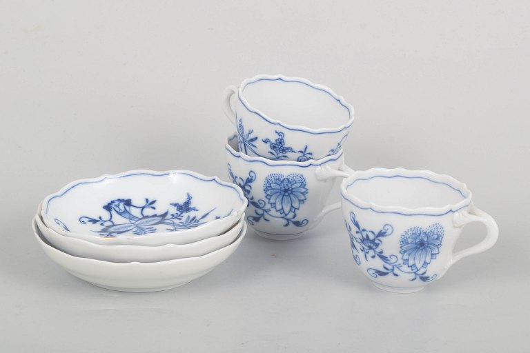 Meissen Blue Onion, set of three demitasse cups with saucers.
